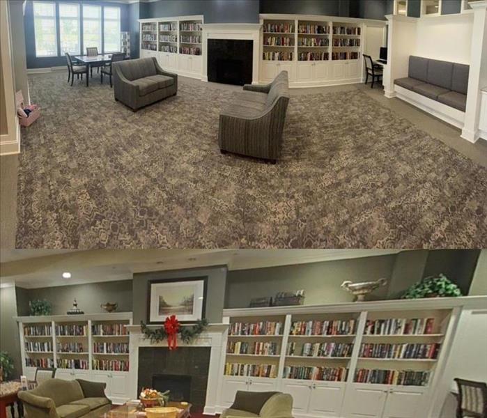 Before and after of a living room facility with green equipment  